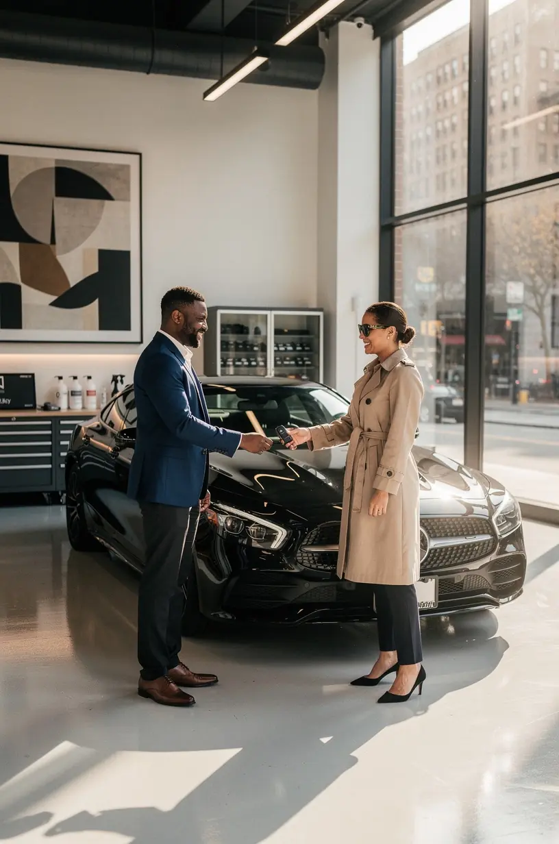 Customer using a mobile app to schedule auto maintenance with concierge pickup in New York